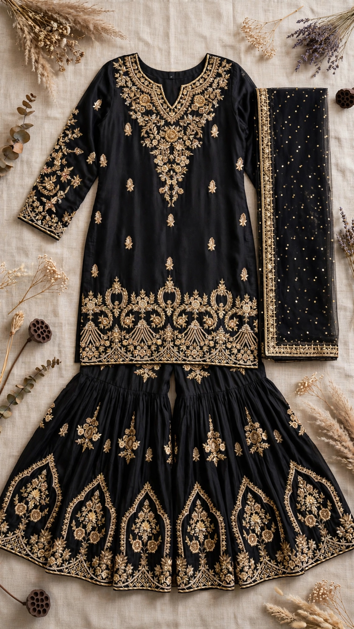 Midnight Onyx Embroidered Gharara Suit Set with Sequin Embellished Dupatta - Image 2