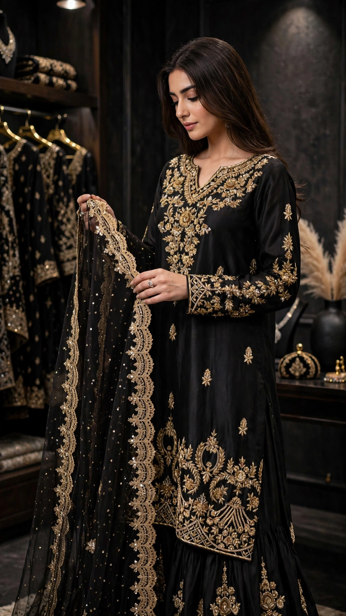 Midnight Onyx Embroidered Gharara Suit Set with Sequin Embellished Dupatta - Image 4