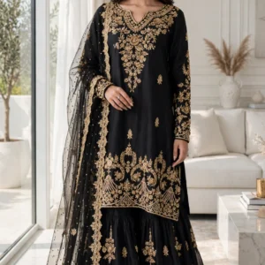 Midnight Onyx Embroidered Gharara Suit Set with Sequin Embellished Dupatta