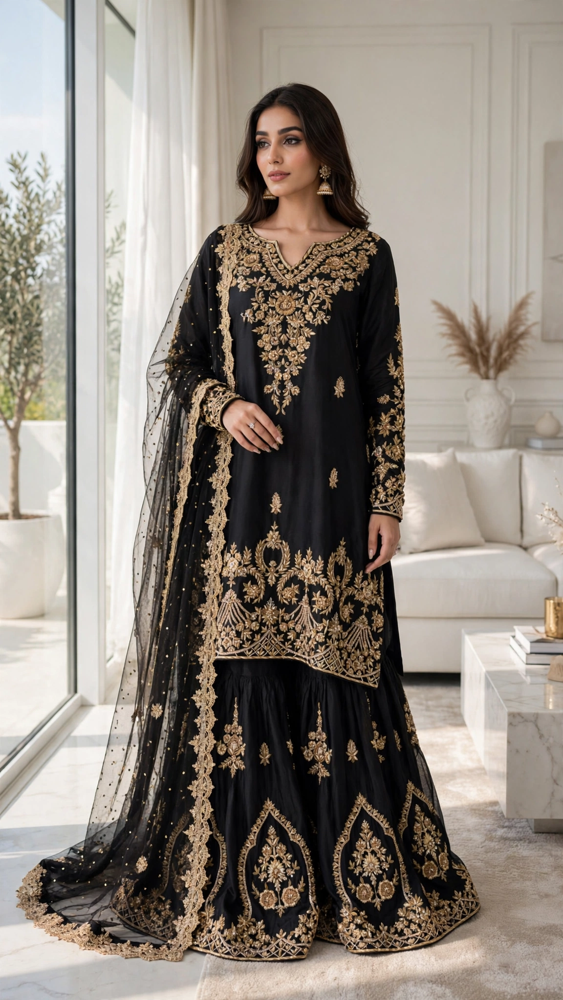 Midnight Onyx Embroidered Gharara Suit Set with Sequin Embellished Dupatta