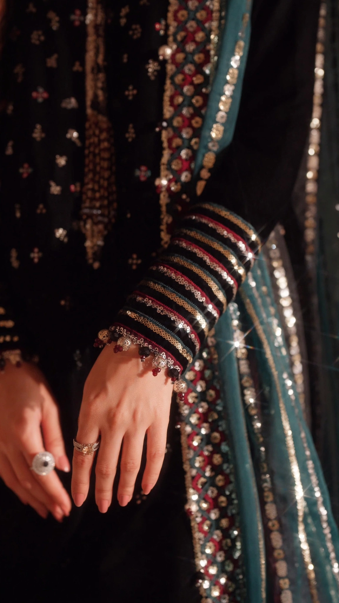 Midnight Noir Velvet Embroidered Kurta Set with Scintillating Sequin Detailing - Image 2