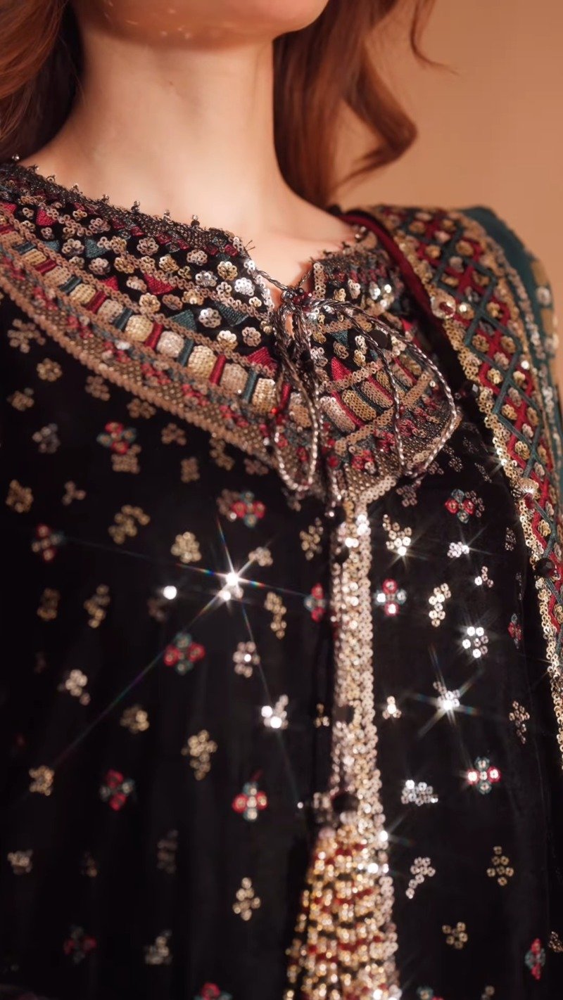 Midnight Noir Velvet Embroidered Kurta Set with Scintillating Sequin Detailing - Image 3