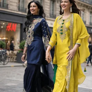 Regal Embroidered Sharara Suit Set – Available in Radiant Lime & Royal Navy Blue