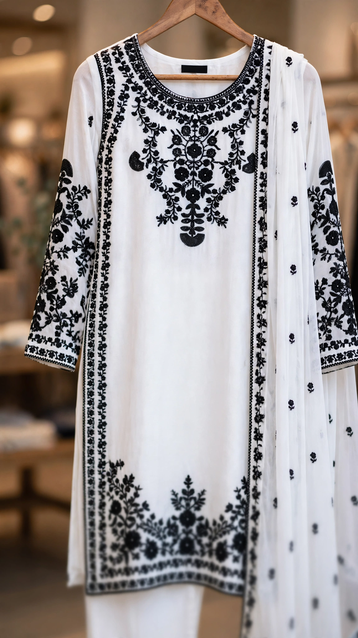 Ethereal Monochrome Embroidered Kurta Set – Classic White & Black