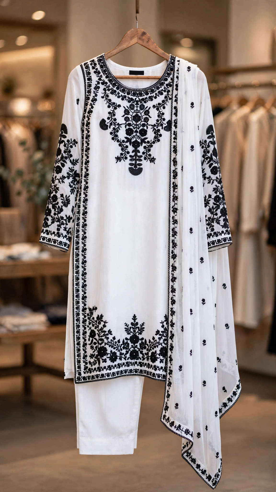 Ethereal Monochrome Embroidered Kurta Set – Classic White & Black - Image 2