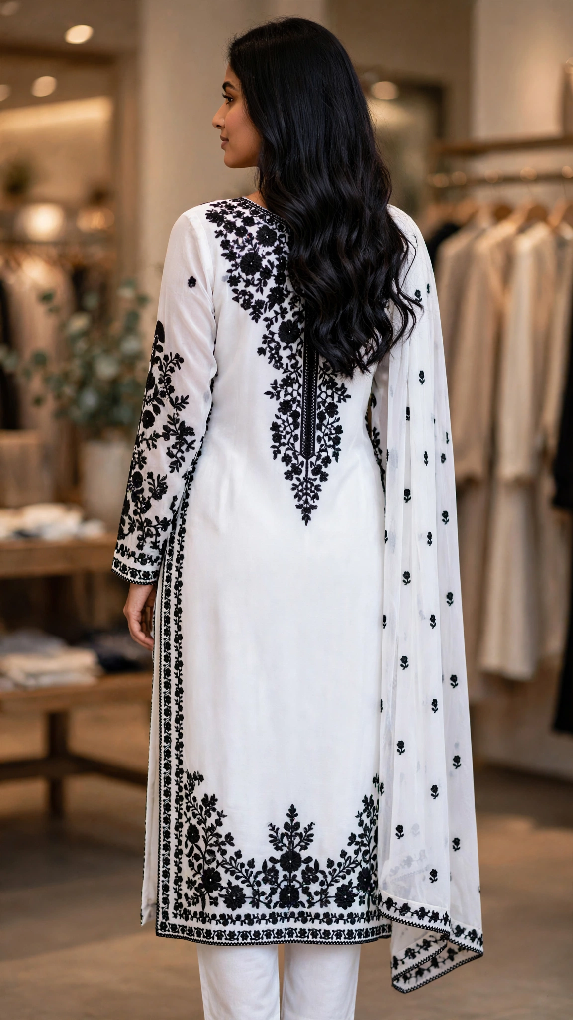 Ethereal Monochrome Embroidered Kurta Set – Classic White & Black - Image 3