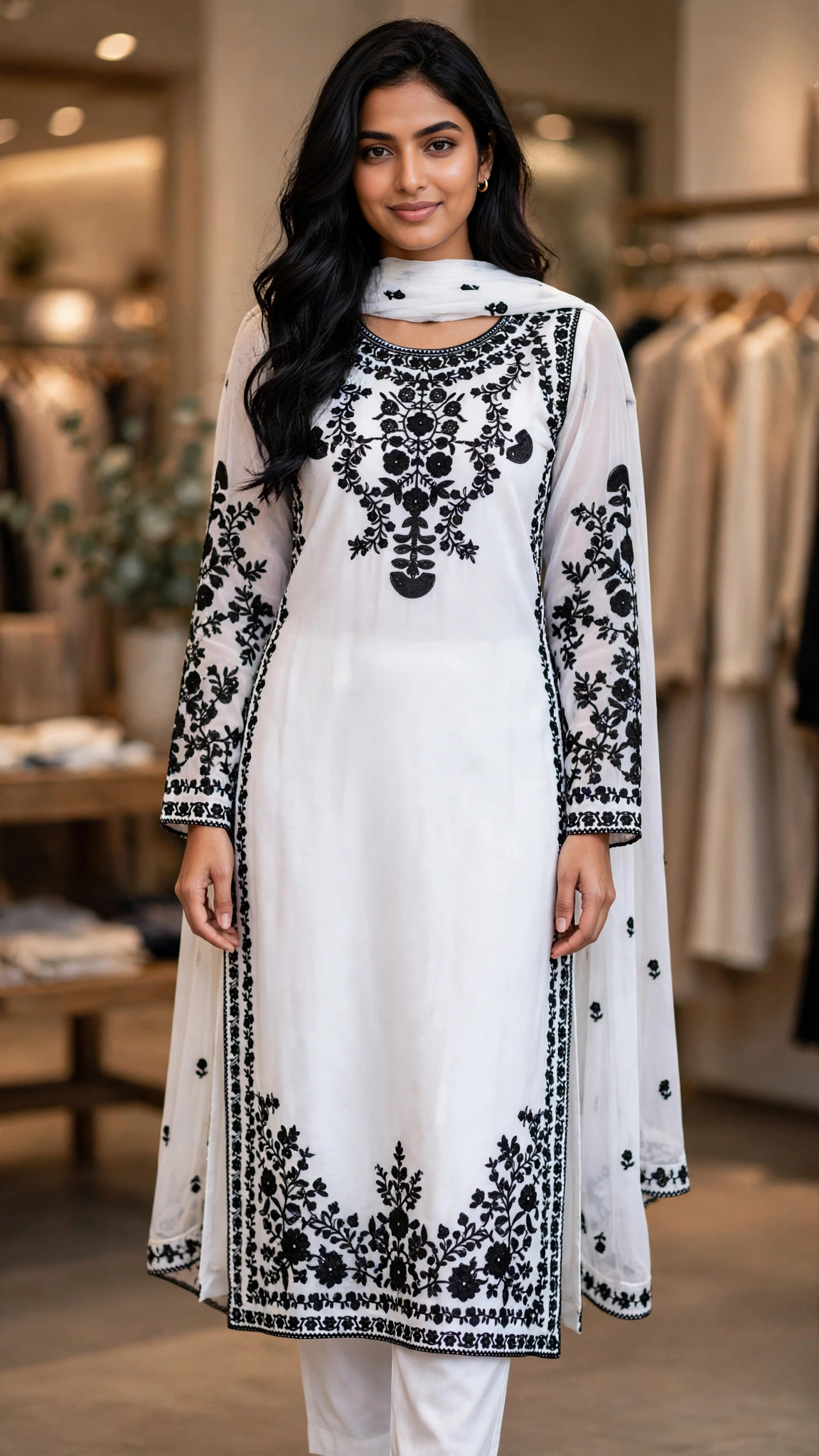 Ethereal Monochrome Embroidered Kurta Set – Classic White & Black - Image 4