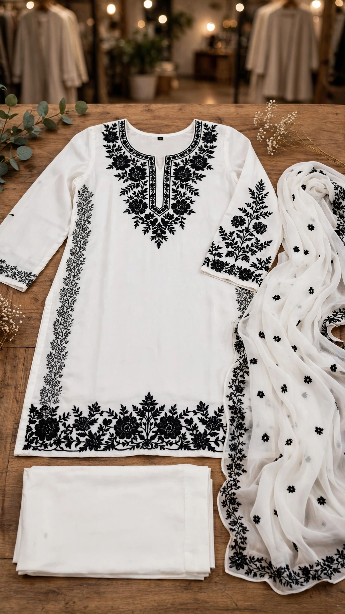 Ethereal Monochrome Embroidered Kurta Set – Classic White & Black - Image 5