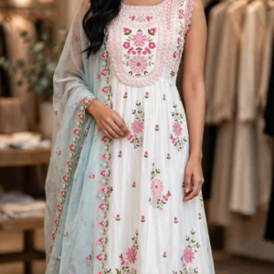 Ivory Floral Embroidered Sleeveless Kurta with Dupatta