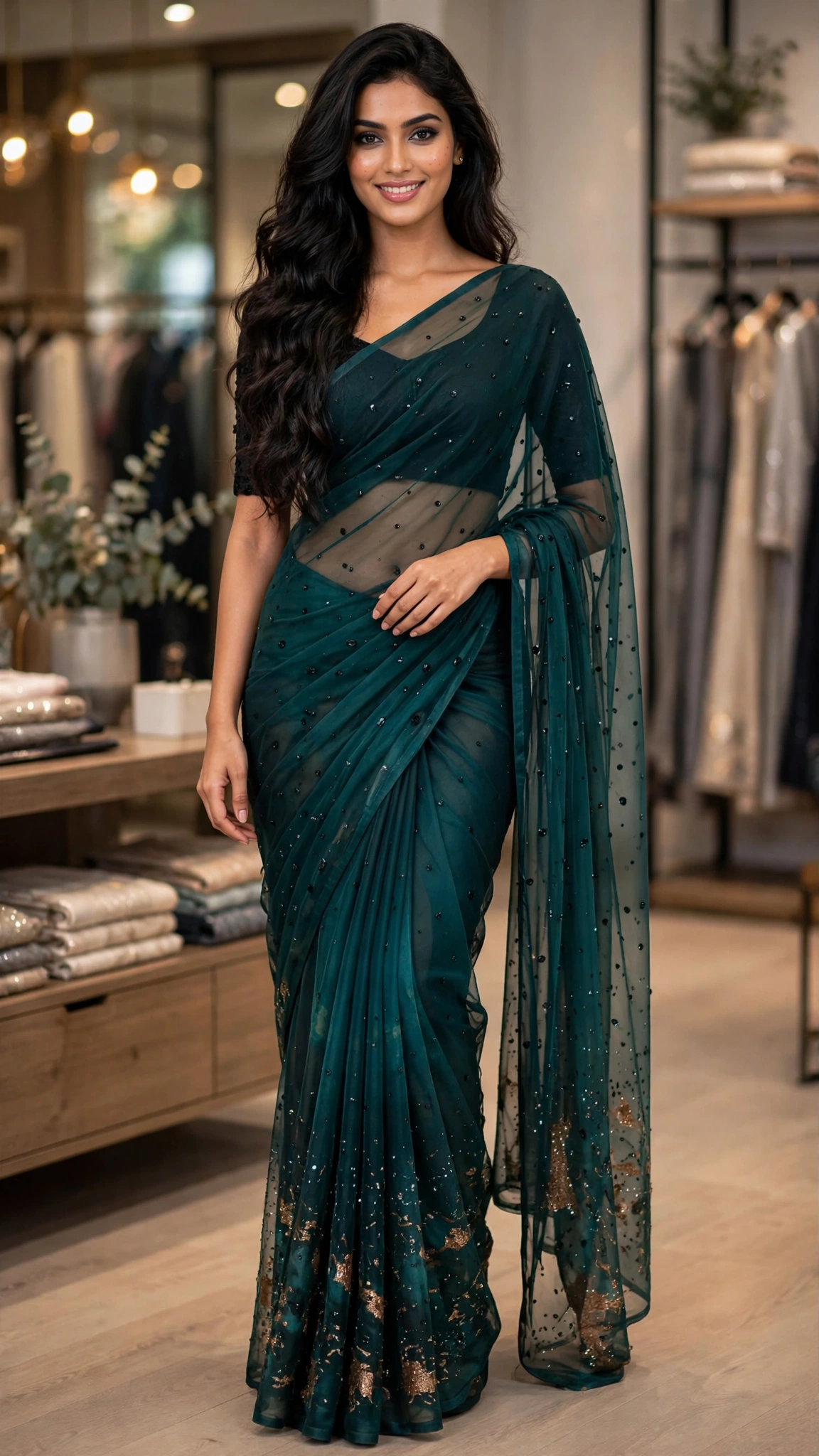 Emerald Enchantment Hand-Embellished Net Saree - Image 2