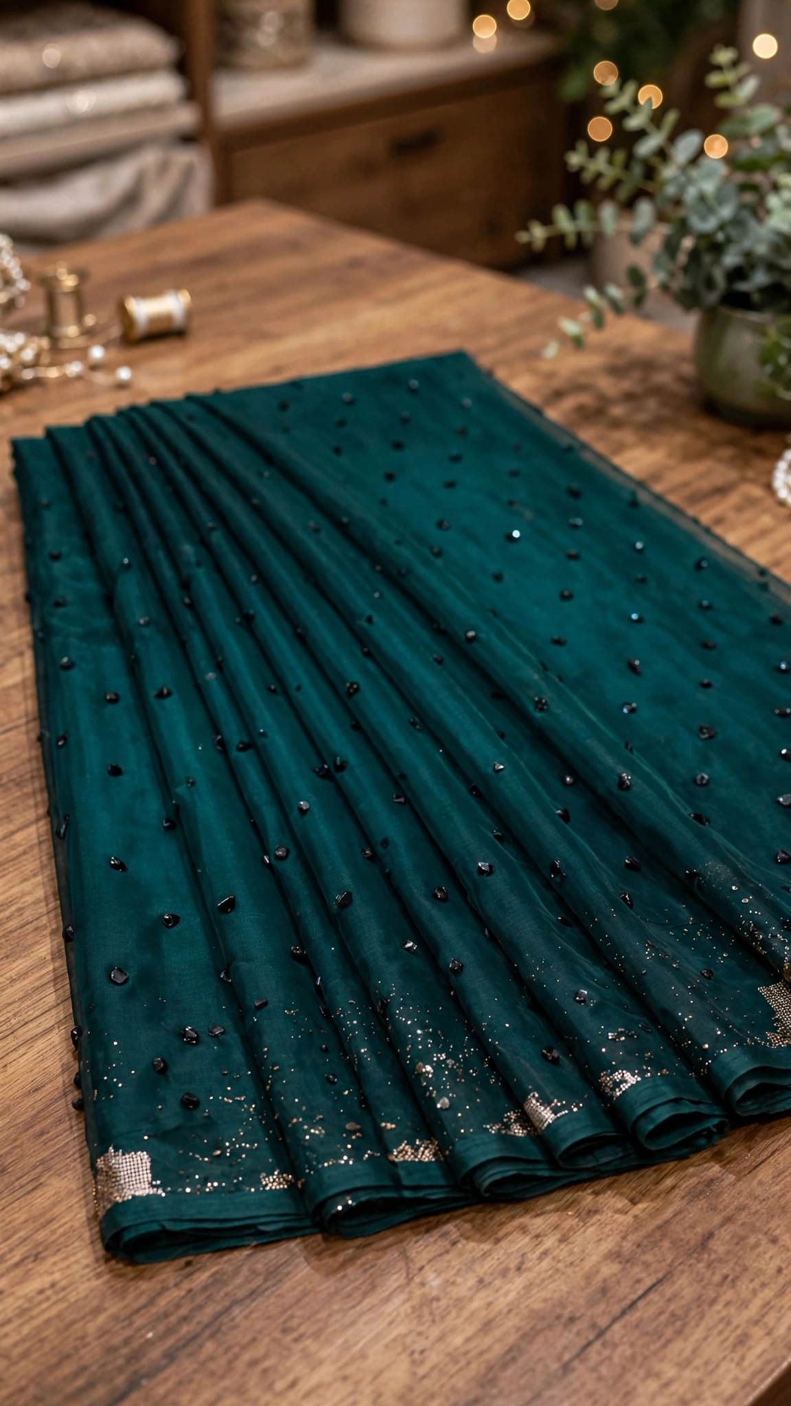 Emerald Enchantment Hand-Embellished Net Saree - Image 3