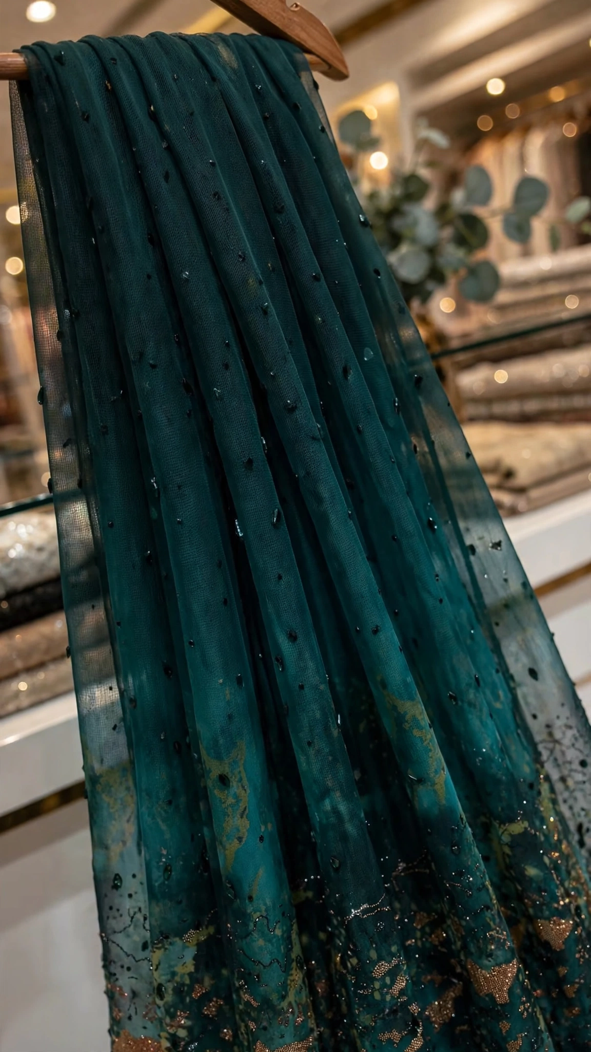 Emerald Enchantment Hand-Embellished Net Saree - Image 4
