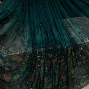 Emerald Enchantment Hand-Embellished Net Saree