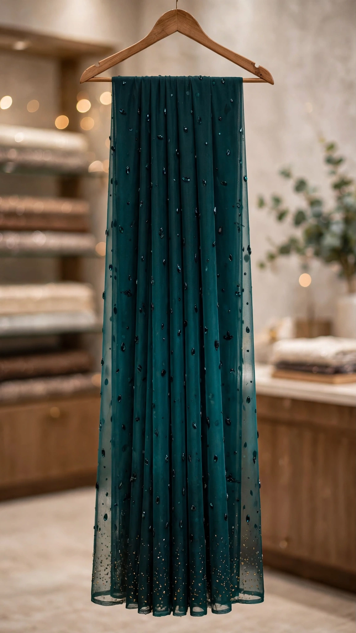 Emerald Enchantment Hand-Embellished Net Saree - Image 5