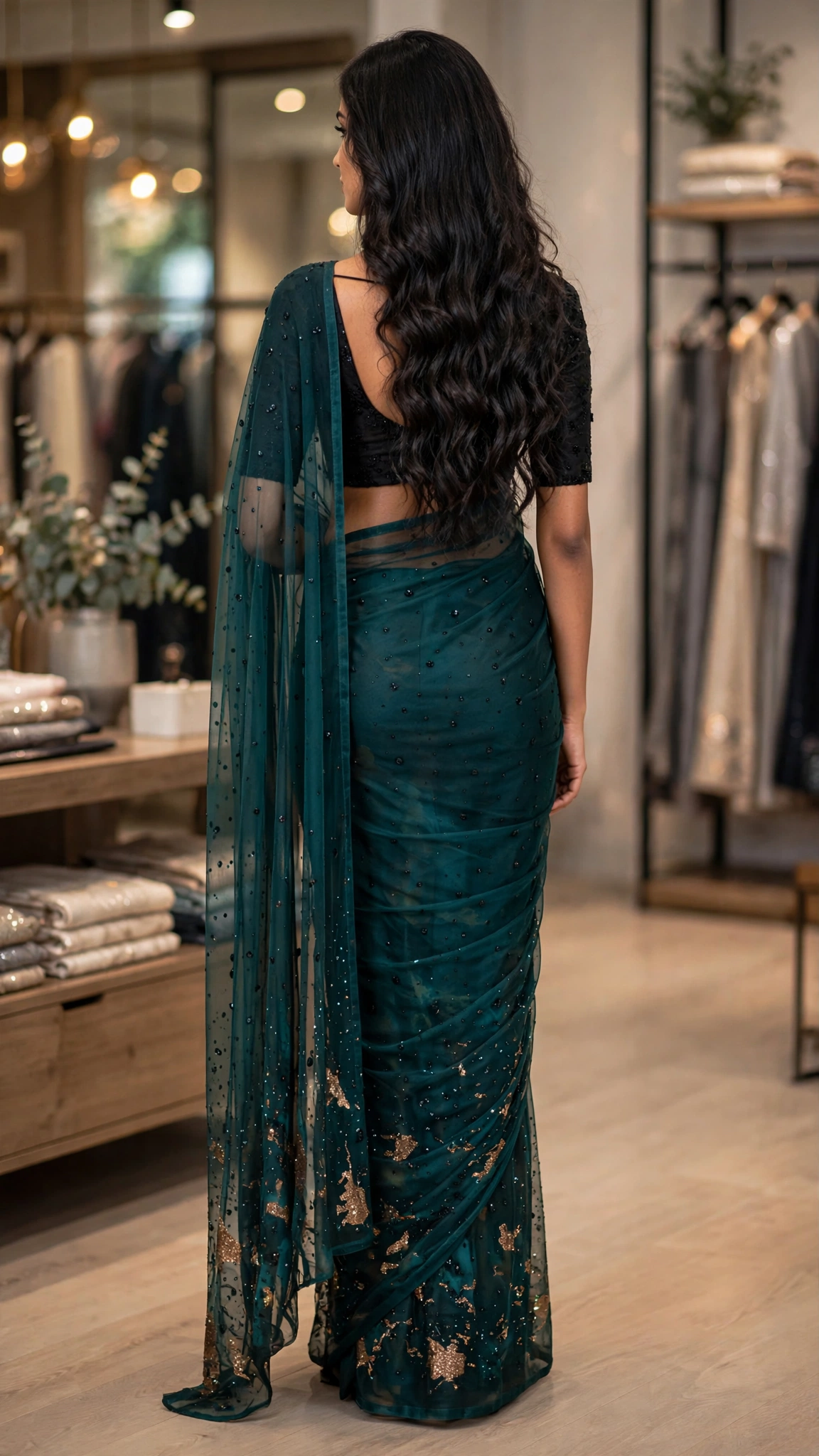 Emerald Enchantment Hand-Embellished Net Saree - Image 6