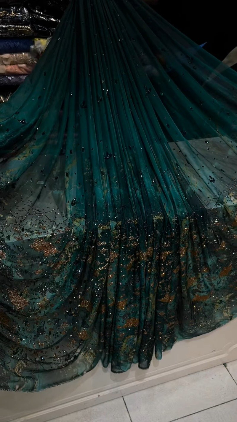 Emerald Enchantment Hand-Embellished Net Saree