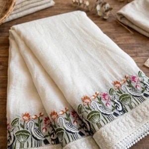 Ethereal Swan & Lotus Embroidered Saree – Available in Ivory, Dusty Rose, Peach & Lilac