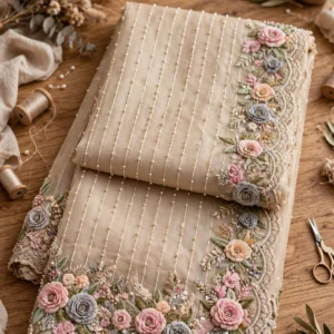 Ethereal Blush & Sage Hand-Embellished Organza Saree