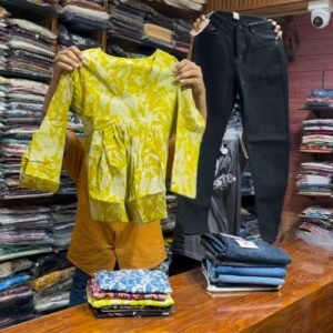 Floral Print Peplum Kurti & Denim Jeans Co-ord Set – Available in Burgundy, Black, Yellow, Mustard & Blue