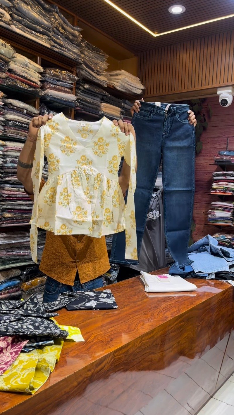 Floral Print Peplum Kurti & Denim Jeans Co-ord Set – Available in Burgundy, Black, Yellow, Mustard & Blue - Image 9