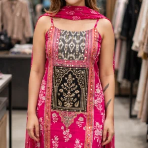 Fuchsia Floral Embroidered Spaghetti Strap Kurta Set with Dupatta
