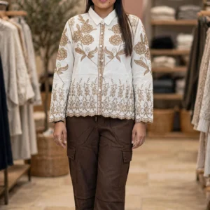 Floral Embroidered Linen Co-ord Set with Statement Trousers – Available in Classic Black, Earthy Brown & Deep Maroon