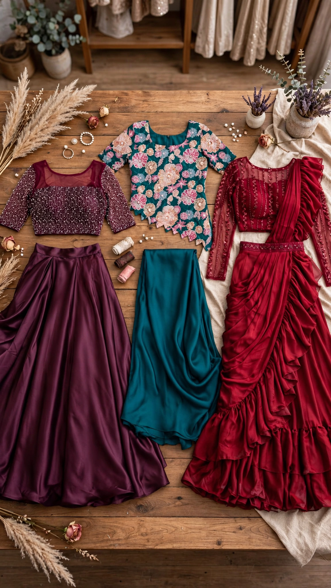 Exquisite Floral Embroidered Co-ord Set with Sheer Accents – Available in Midnight Blue, Deep Maroon, & Emerald Green - Image 11