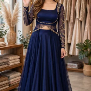 Exquisite Floral Embroidered Co-ord Set with Sheer Accents – Available in Midnight Blue, Deep Maroon, & Emerald Green