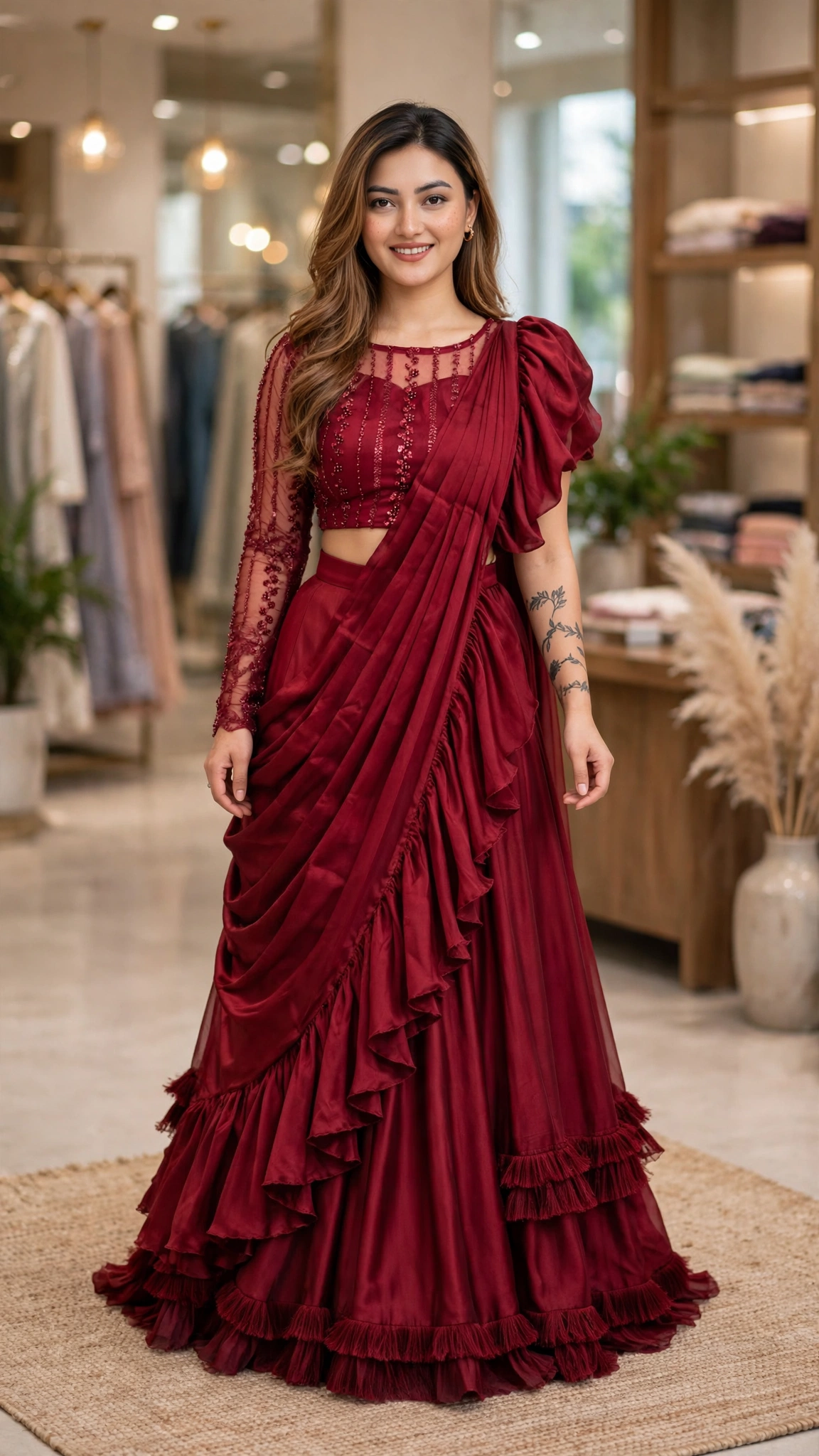 Exquisite Floral Embroidered Co-ord Set with Sheer Accents – Available in Midnight Blue, Deep Maroon, & Emerald Green - Image 6