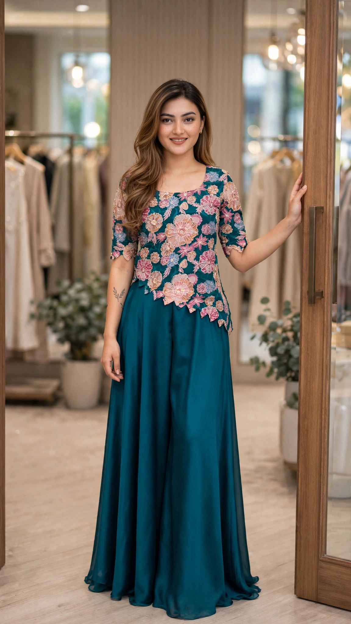 Exquisite Floral Embroidered Co-ord Set with Sheer Accents – Available in Midnight Blue, Deep Maroon, & Emerald Green - Image 7