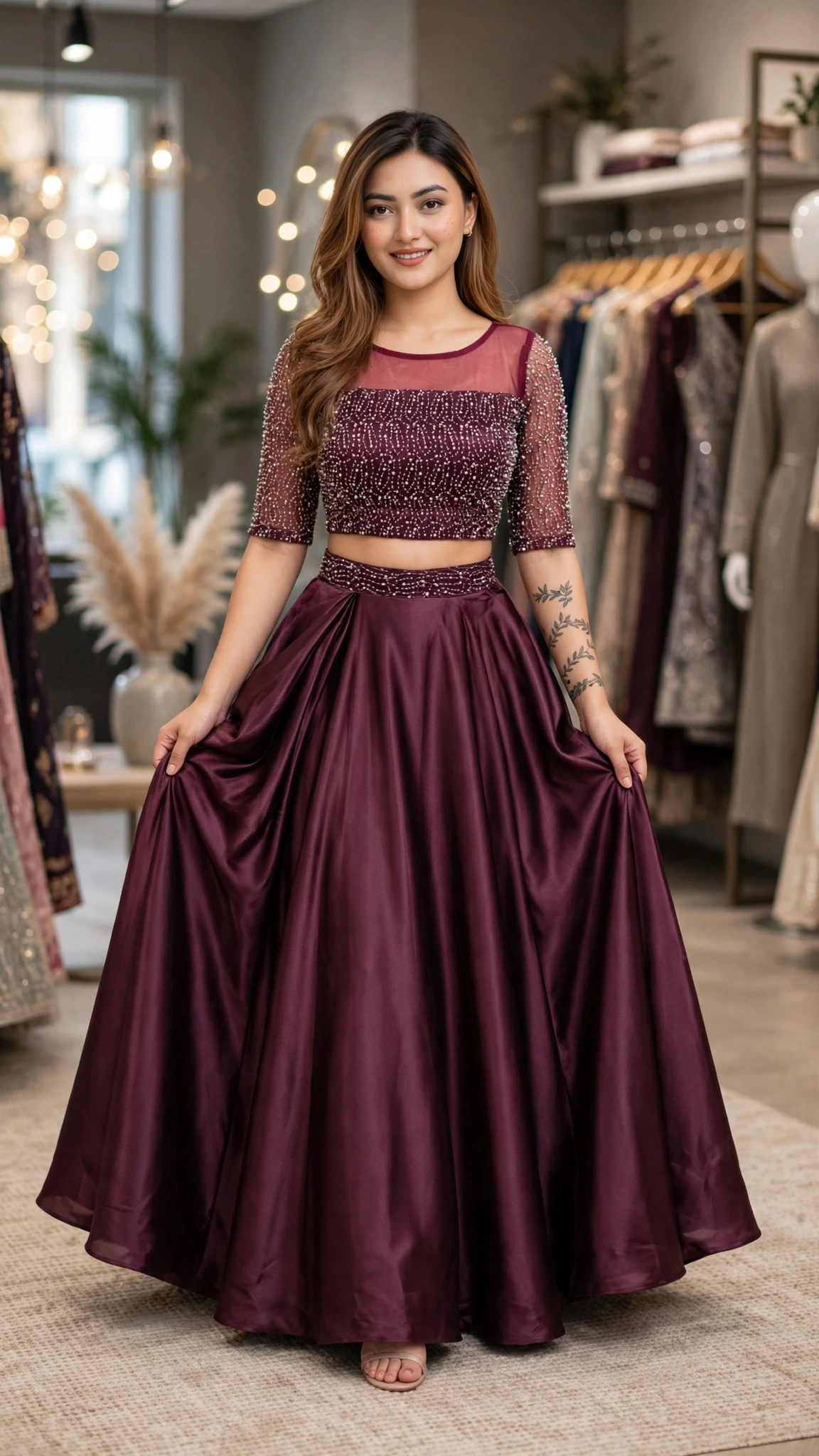 Exquisite Floral Embroidered Co-ord Set with Sheer Accents – Available in Midnight Blue, Deep Maroon, & Emerald Green - Image 9