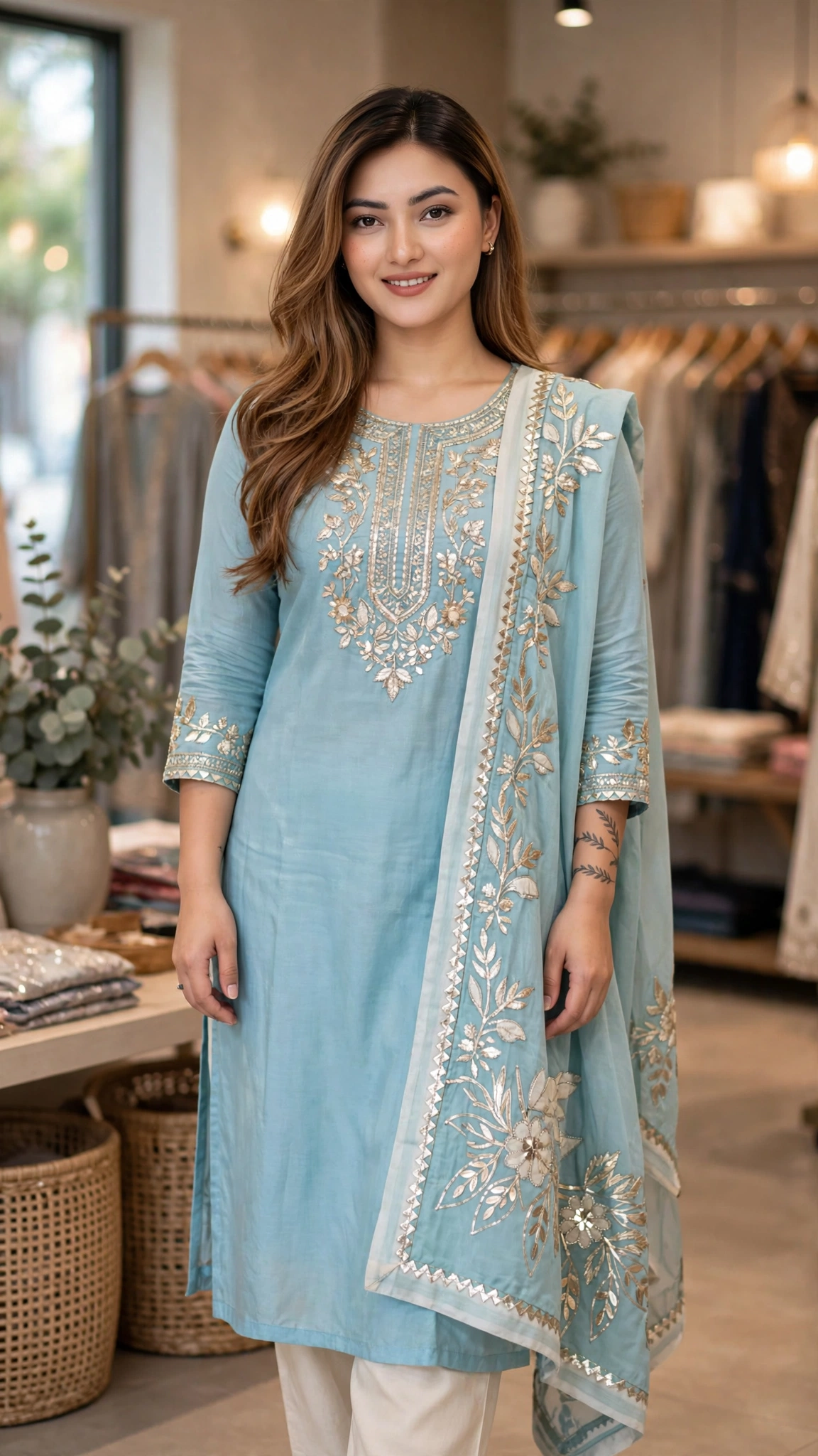Ethereal Floral Embroidered Kurta Set – Available in Lavender, Sky Blue, Soft Pink, Mint Green & Cream Floral - Image 3