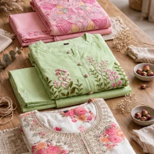 Ethereal Floral Embroidered Kurta Set – Available in Lavender, Sky Blue, Soft Pink, Mint Green & Cream Floral
