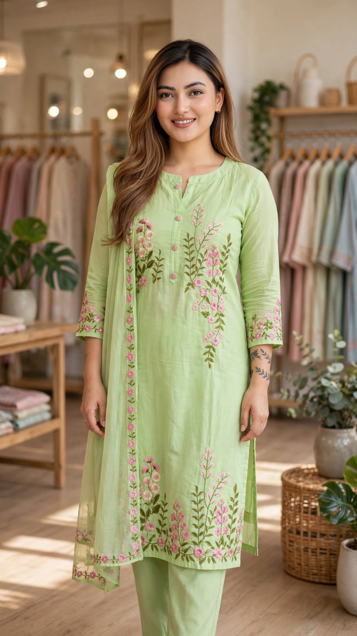 Ethereal Floral Embroidered Kurta Set – Available in Lavender, Sky Blue, Soft Pink, Mint Green & Cream Floral - Image 5