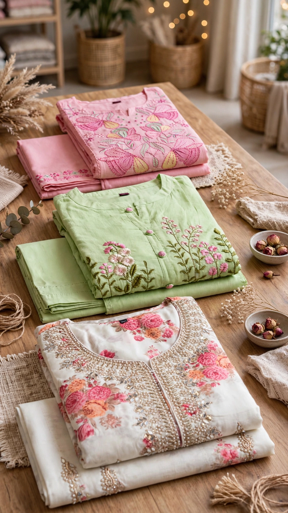 Ethereal Floral Embroidered Kurta Set – Available in Lavender, Sky Blue, Soft Pink, Mint Green & Cream Floral