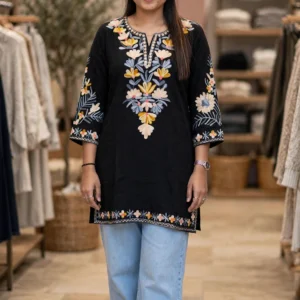 Midnight Bloom Floral Embroidered Cotton Kurta Set
