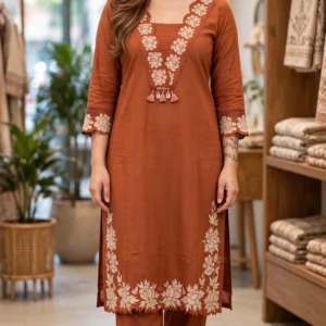 Rustic Rust Cotton Embroidered Kurta Set with Intricate Scalloped Detailing