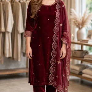 Royal Burgundy Velvet Kurta Set with Intricate Floral Embroidery