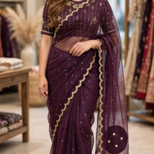 Royal Plum Hand-Embellished Organza Saree Set with Cutwork Border