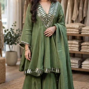 Olive Green Hand-Embellished Mirror-Work Sharara Set with Pearl Tassel Dupatta