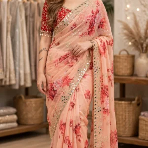 Peach Floral Organza Saree with Mirror-Embellished Velvet Blouse