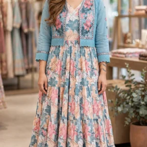 Floral Cascade Tiered Maxi Dress with Embroidered Shrug Jacket