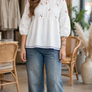 Classic White Embroidered Peplum Kurti & Denim Set
