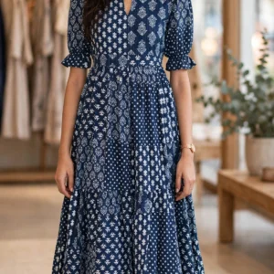 Timeless Floral Pleated Midi Dress – Available in Midnight Navy, Earthy Beige, Mint Green & Soft Coral