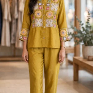 Artisanal Embroidered Cotton & Silk Co-ord Set – Available in Mustard, Lavender, Ivory-Blue, Floral-Blue & Ivory-Pink
