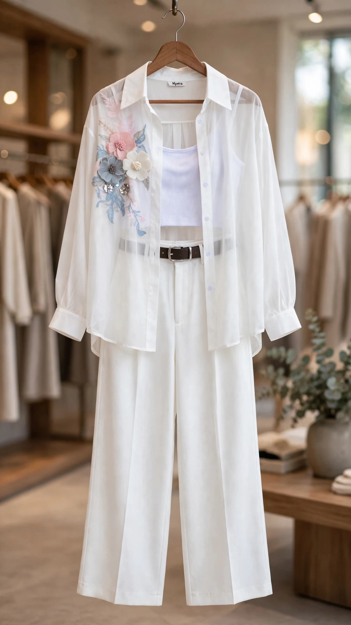 Ethereal Ivory Floral Embroidered Co-ord Set with Sheer Shirt – Available in Floral Petal & Celestial Bloom - Image 4