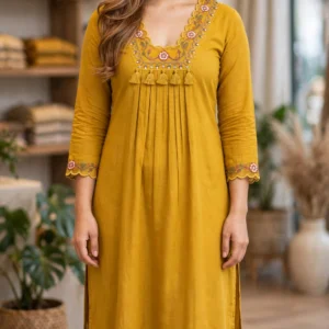 Artisanal Floral Embroidered Kurta Set – Available in Mustard, Magenta, Burnt Orange & Olive Green