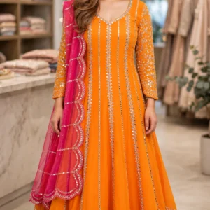 Radiant Tangerine Mirror-Work Anarkali Set with Contrast Scalloped Dupatta