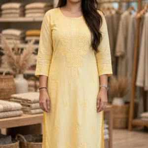 Artisanal Hand-Embroidered Cotton Kurta Set – Available in Butter Yellow, Midnight Blue, Dusty Rose, Snowy White & Lilac