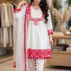 Artisanal Pom-Pom Accented Ethnic Kurta Set – Available in Pristine White & Vibrant Fuchsia